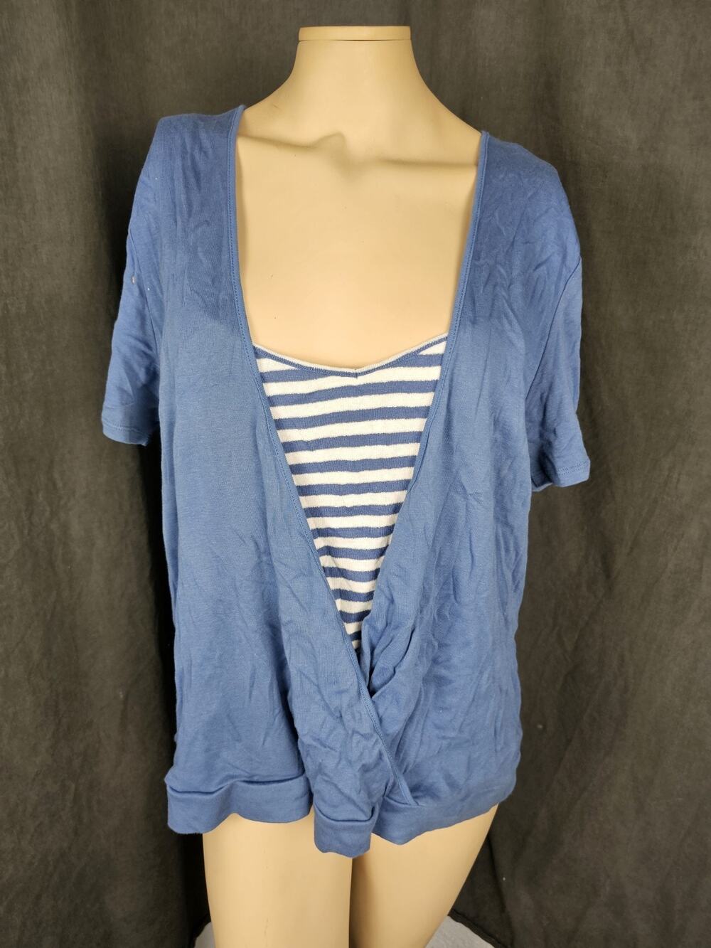 NWT Derek Heart Plus 3X Top Faux Wrap Blue Knit Short Sleeve Striped Tank Insert